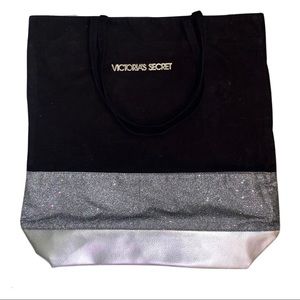 FREE SHIPPING Victoria Secret Black & Silver Glitter Large Tote Bag